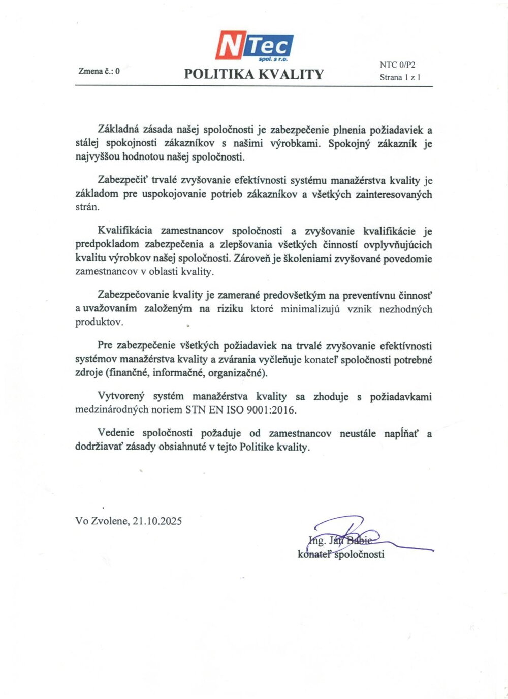 politika kvality pre certifikaciu